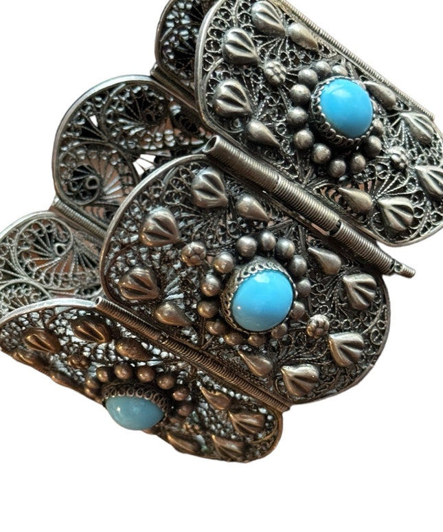 Antique silver filagree turquoise egyption revival art deco link bracelet