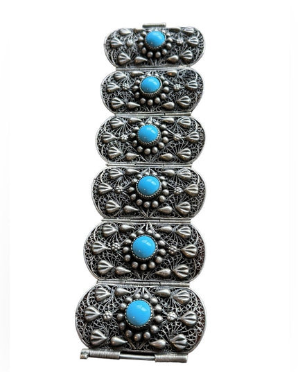 Antique silver filagree turquoise egyption revival art deco link bracelet
