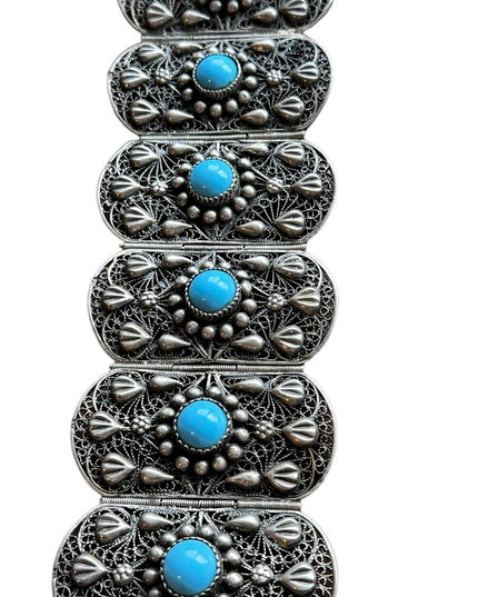 Antique silver filagree turquoise egyption revival art deco link bracelet