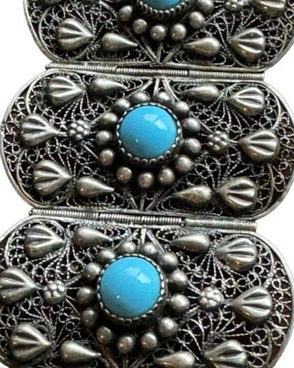 Antique silver filagree turquoise egyption revival art deco link bracelet