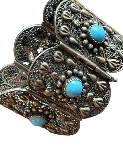 Antique silver filagree turquoise egyption revival art deco link bracelet