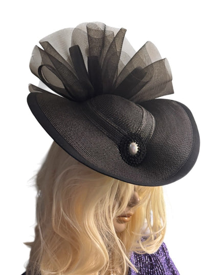 Elegant Black Vintage Deborah NY Wide-Brim Fascinator Hat With Lace