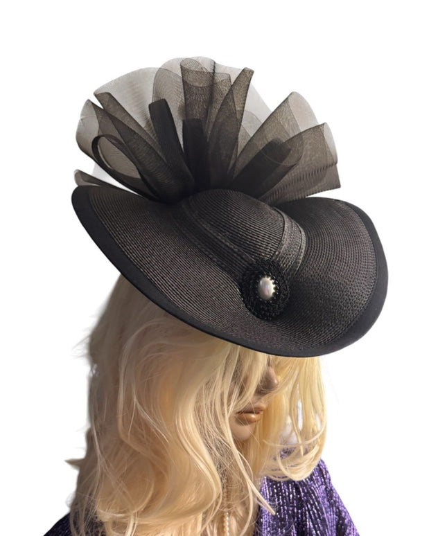 Elegant Black Vintage Deborah NY Wide-Brim Fascinator Hat With Lace